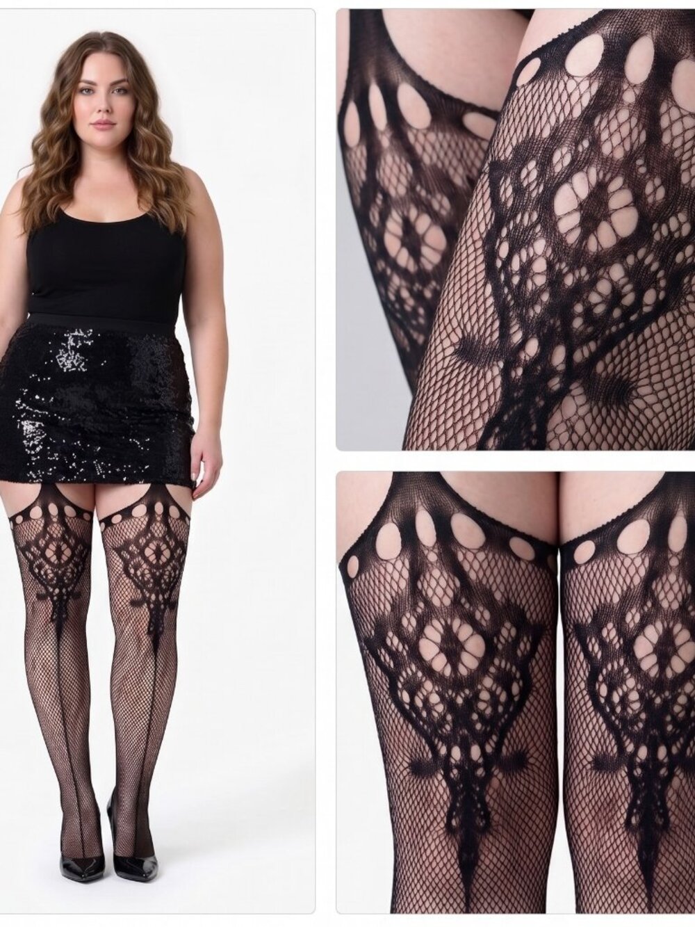 Killer Legs Spanish Fan Faux Garter Fishnet Tights Queen Plus Pantyhose NWT